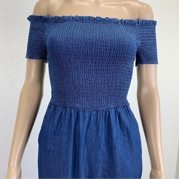 BLUE Rain Francescas chambray Ellison Romper size XXS Ruched Off Shoulder rodeo - Picture 4 of 13